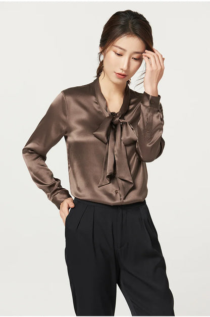 Heavyweight Mulberry Silk Shirt Women's 2025 Spring And Autumn New Long Sleeve Satin Silk Blouse V-neck Bow Ribbon Shirt