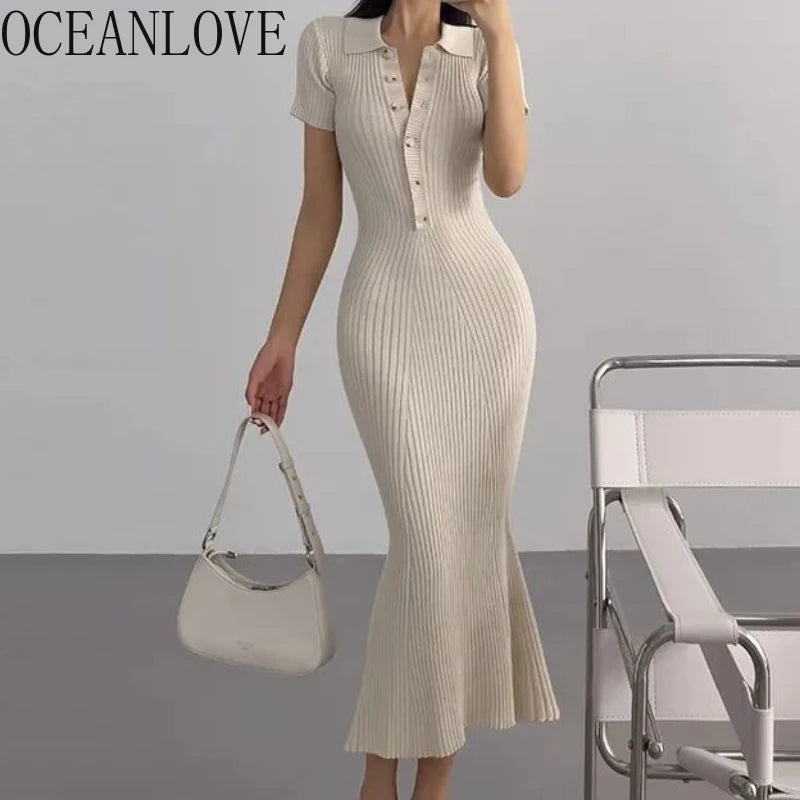 OCEANLOVE Meerjungfrau Rüschen Kleider für Frauen Gestrickte Solide Einreiher Sexy Vestidos Mujer Mode Frühjahr Sommer Langes Kleid