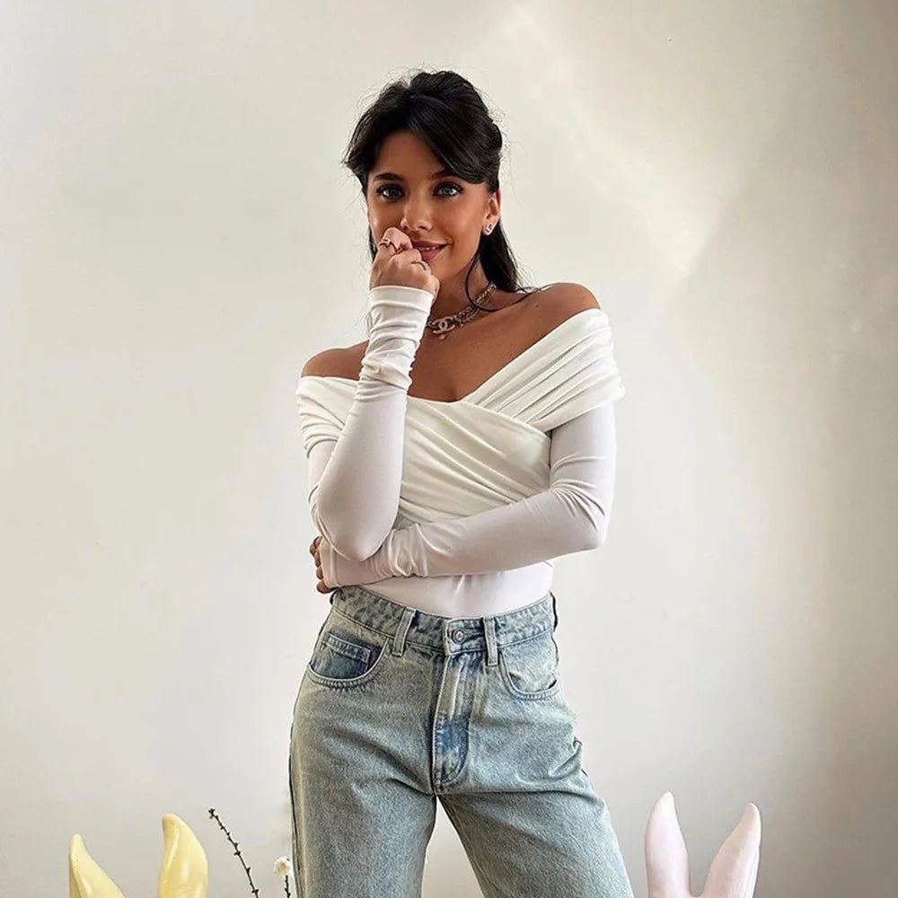 Shestyle Off Shoulder Slash Neck Bodysuits Women Overlap Solid Long Sleeve Basic T-Shirt Pleated Cross Bodycon Fashion Trendy.