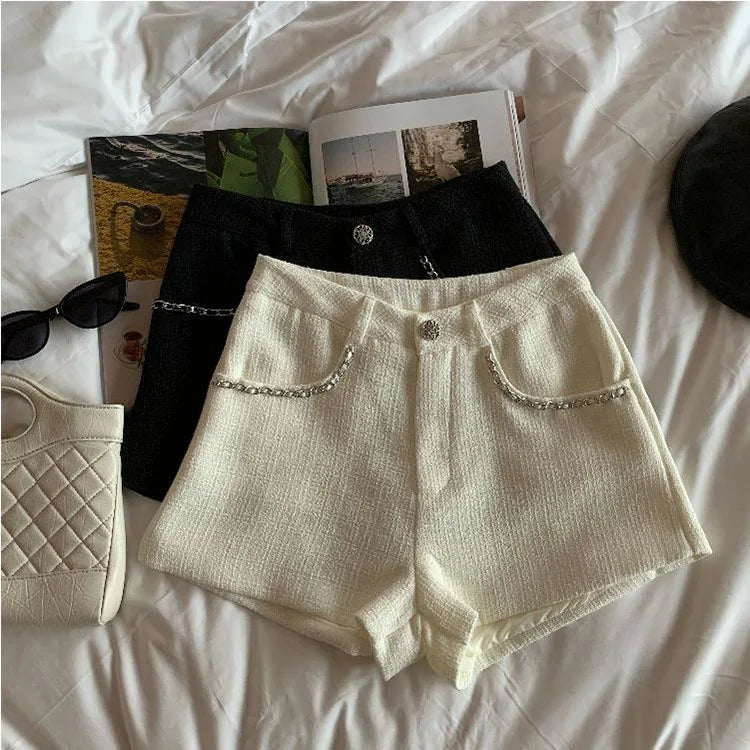 Fashion Tweed High Waist Women Shorts Autumn Winter Slim Office Woolen Black Shorts Women