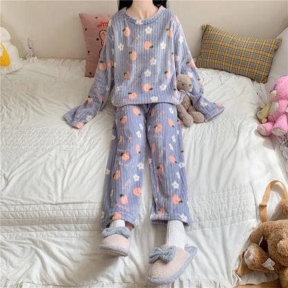 Winter-Damen-Pyjama-Homewear-Anzug, neues warmes Set aus Korallen-Fleece für Herbst und Winter, bequemer warmer Pyjama-Homewear-Anzug