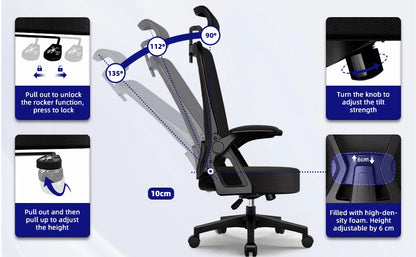 Bürostuhl, ergonomisch, verstellbar, 90er ° -135 ° ,Schreibtischstuhl mit Lordosenstütze, Computerstuhl mit verstellbarer Kopfstütze, Wohnzimmerstühle