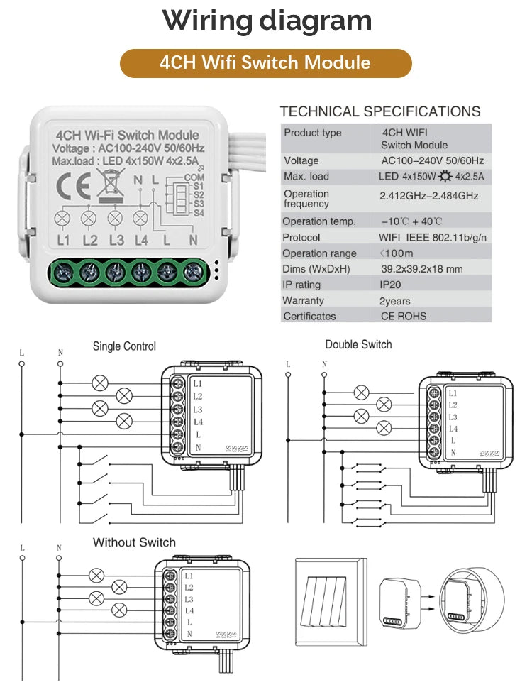 Tuya DIY Breaker Wifi Smart Light Switch Modul 10A 100-240V Zwei-Wege App Fernbedienung Arbeit mit Alexa Google Home 1/2/3/4Gang.