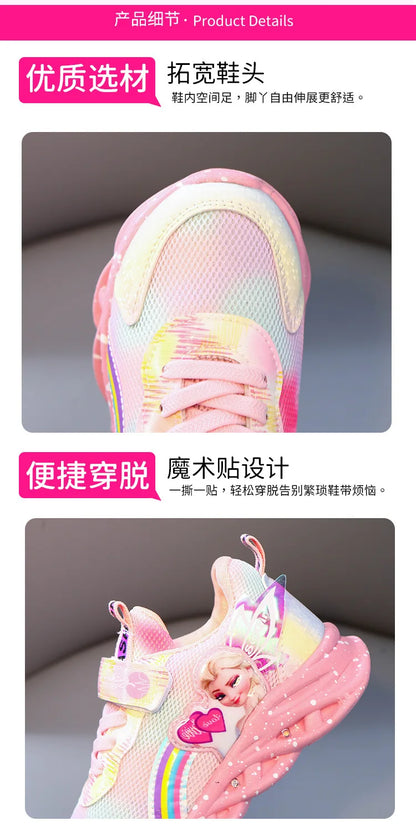 Disney Casual Sneakers LED Lighted For Spring Girls Frozen Elsa Princess Rainbow Outdoor Children Non-slip Pink Purple Shoes.