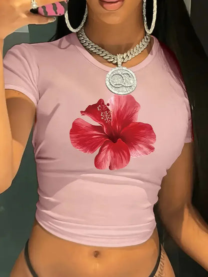 Y2k 2000er Jahre Floral Red Flower Crop Top Weste Damen Print Rundhals ärmelloses Shirt abgeschnittenes T-Shirt Sexy