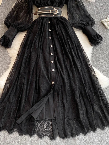 Neue Frühling Herbst Spitze Kleid für Frauen Weiß Schwarz Elegante Taille Langarm Stil Geburtstag Party Kleid Weibliche C186