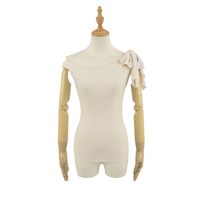 Shoulder Bared Short Sleeve T Shirt Women's Spicy Girl Design Slimming Top Summer New Style One Word Oblique Shoulder Tie Waist.