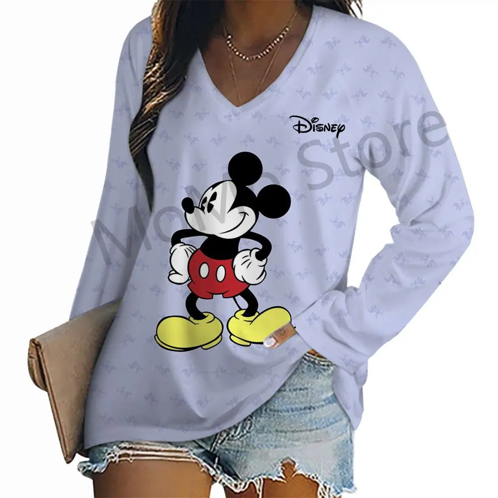 Women's Long Sleeve T-shirts Kawaii V-Neck S-3XL Mickey Lovely Disney High Quality 3D Print New Youthful Woman Clothes Minnie.