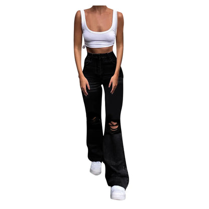 Women's Spring and Fall New Fashion Casual Ripped High-waisted Slightly Flared Pants Jeans Slim-fit Wash Jeans Long Pants Y2k.
