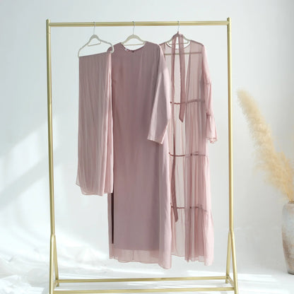 Chiffon Sheer Open Abaya Set Hijabi Muslim Women Party Ramadan Islamic Clothing  Dubai Turkey Kaftan Crepe Kimono Open Abayas.
