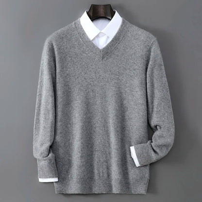 2025 Autumn Winter New Men's Wool Sweater Solid Color V-Neck Pullover Sweater Casual Loose Business Knit Plus Size Base Sweaters
