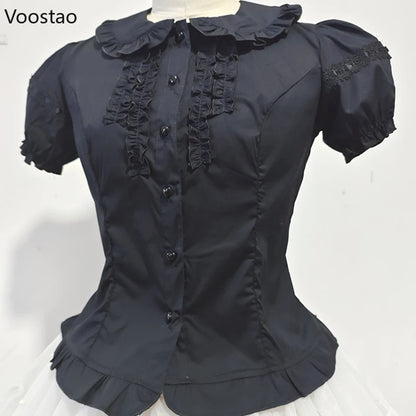 Victorian Gothic Lolita Shirts Women Sweet Elegant Detachable Long Sleeves Blouses Japanese Vinatge Peter Pan Collar Slim Tops.