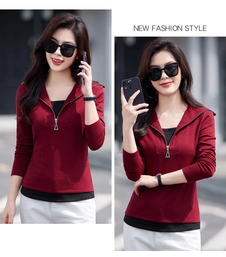 Fake two long sleeved T-shirts for women in autumn and winter, new fashionable plus size color blocked warm zipper lapel top.