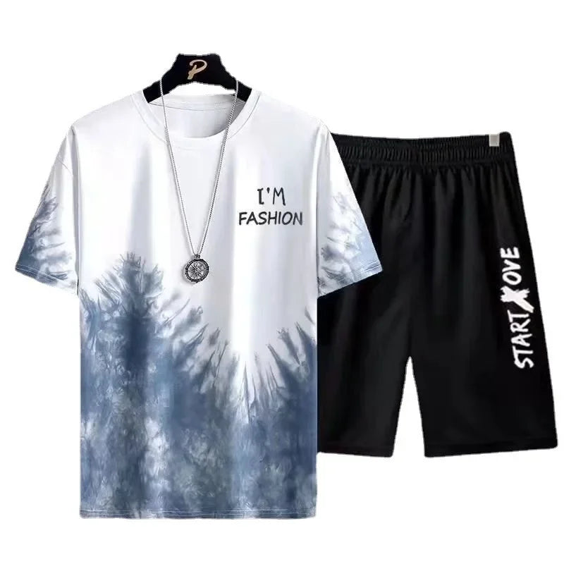 Cool Ice Silk Short Sleeve And Shorts Sports Set for Men Summer 2025 New Style Trendy Teenagers Casual Fashion Outfit.