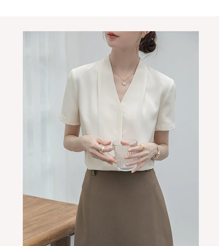 2025 Fashion Summer Short Sleeve V-Neck Women Blouse White Blouse Shirt Women Tops Blouses Shirts Blusas Para Mujer Camisas XL86