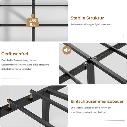 140 x 200 cm großes Polsterbett mit Doppelbettrahmen und LED-Beleuchtung und Ladestation. Kopfteil inklusive schwebendem Bettdesign