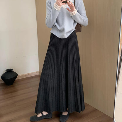 2026 Khaki Cashmere Knitted Midi Skirt for Women, Loose Fit, Draped, Slimming A-Line Pleated Skirt for Autumn and Winter