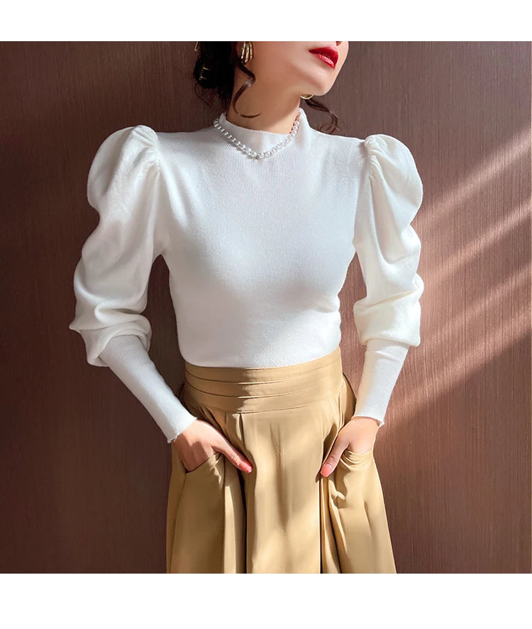 Herbst Winter Pullover Rollkragen Slim Fit Grundlegende Pullover Mode Koreanische Stricken Tops Puff Sleeve Damen Pullover Stretch Jumper.