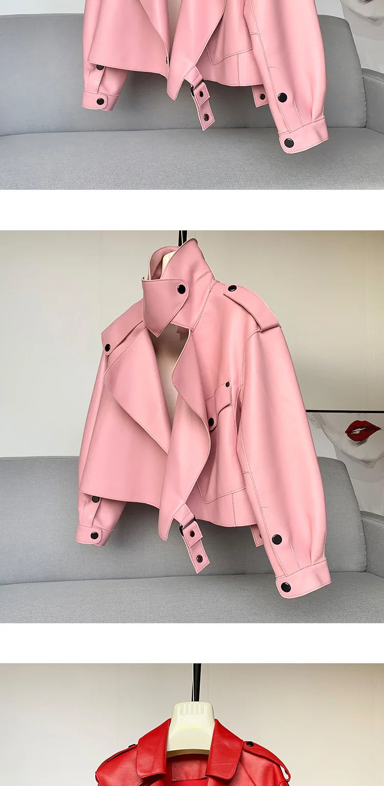 Schaffellmantel für Damen, Lederjacke, Winter, Frühling, Moto, Biker, echt, Top-Qualität, Schwarz.