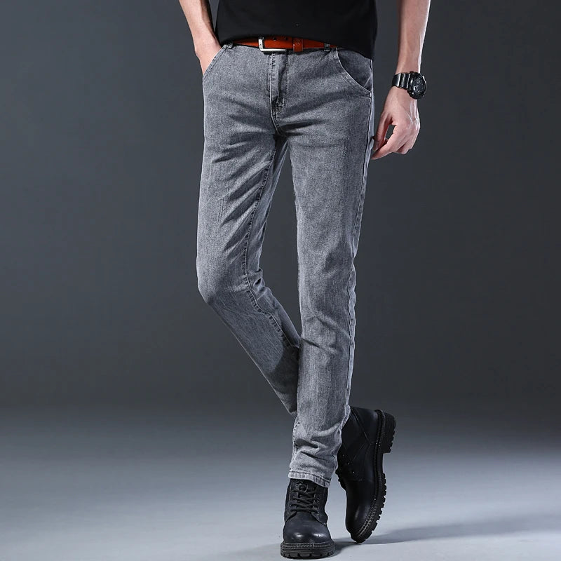 New style jeans, men's slim fit, Korean style comfortable straight leg elastic gray mid waist pants, men's casual denim pants.