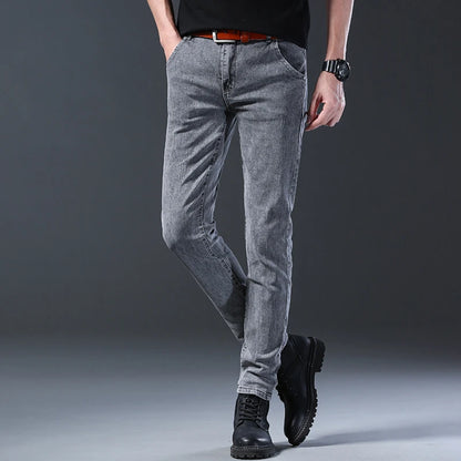 New style jeans, men's slim fit, Korean style comfortable straight leg elastic gray mid waist pants, men's casual denim pants.
