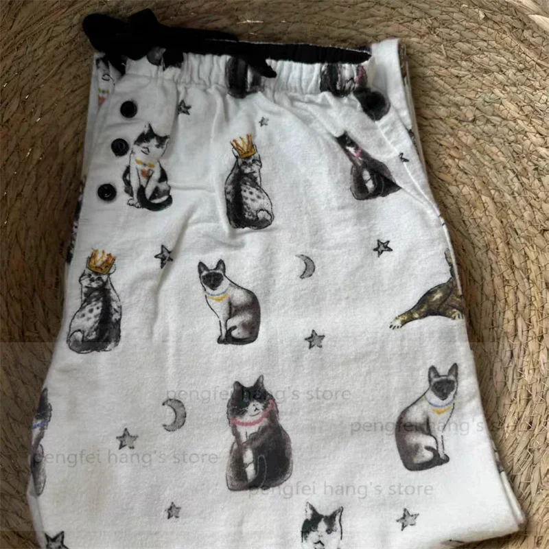 Black Cartoon Sleepwear Long Sleeve Top Pant Soft Cotton Pajamas Suit 2Pcs Embroider Letter Homewear Lady Autumn Loungewear.