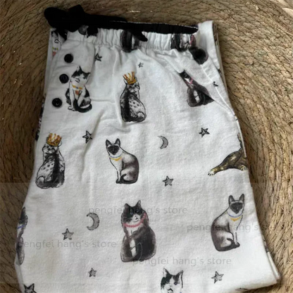 Black Cartoon Sleepwear Long Sleeve Top Pant Soft Cotton Pajamas Suit 2Pcs Embroider Letter Homewear Lady Autumn Loungewear.