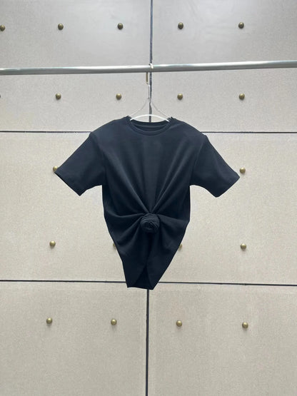 Y2K knotted twist knitted threaded round neck Top women fashionable and versatile navel padded shoulder short-sleeved T-shirt