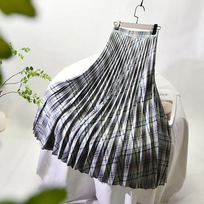 Looks Thin Pleated Skirt 2025 New High Waist A-line Skirt Mid-length Big Size Plaid Skirt Long Pleated Skirt Length 75-90cm