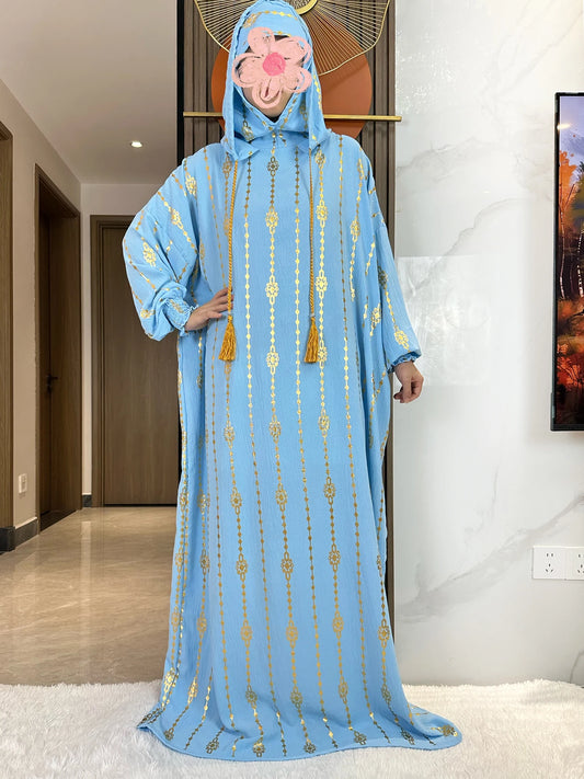 New Cotton Ramadan Muslim Two-Hat Abaya Dubai Turkey Islam Prayer Clothes Gold Dust   Dress Islam Women Dress Kaftan.