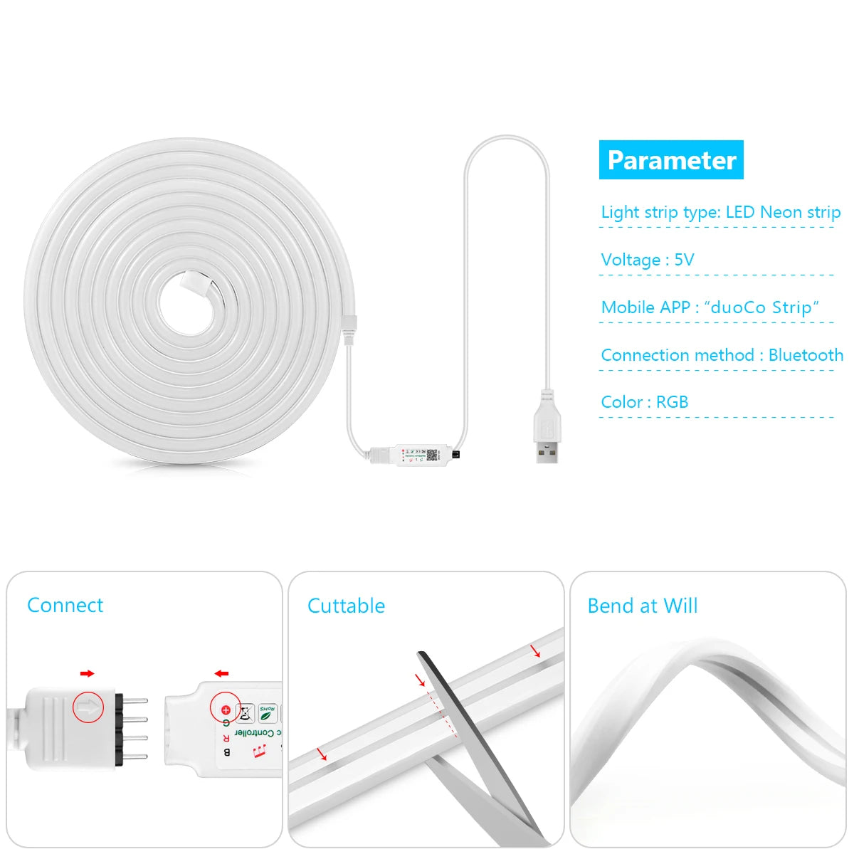 1M 2M 3M 5M RGB Neon LED Strip Light Bluetooth/IR Remote Control 5V Smart USB Silica Gel Tube LED Neon Light Room Decor Lamp.