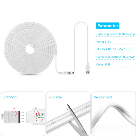 1M 2M 3M 5M RGB Neon LED Strip Light Bluetooth/IR Remote Control 5V Smart USB Silica Gel Tube LED Neon Light Room Decor Lamp.