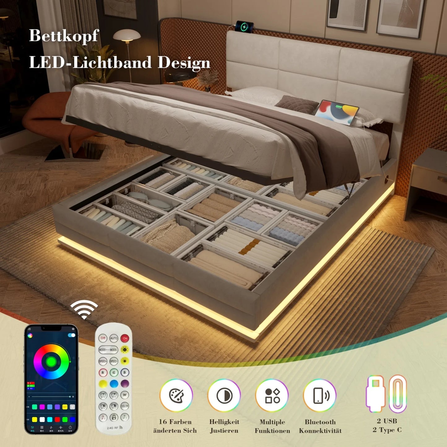 160 x 200 cm großes Bett, modernes, höhenverstellbares Kopfteilbett mit großem Stauraum und LED-Umgebungsbeleuchtung, USB/Typ-C-Verbindungen