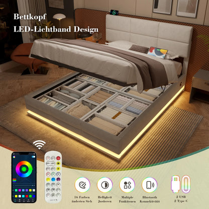 160 x 200 cm großes Bett, modernes, höhenverstellbares Kopfteilbett mit großem Stauraum und LED-Umgebungsbeleuchtung, USB/Typ-C-Verbindungen