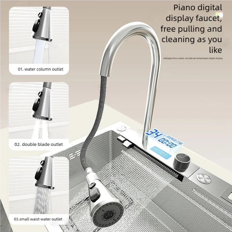 Kitchen Sink Stainless Steel Waterfall Wash Dish Vegetables Basin Multifunctional Smart Digital Display Screen Large Single Slot