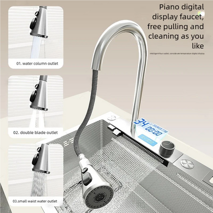 Kitchen Sink Stainless Steel Waterfall Wash Dish Vegetables Basin Multifunctional Smart Digital Display Screen Large Single Slot
