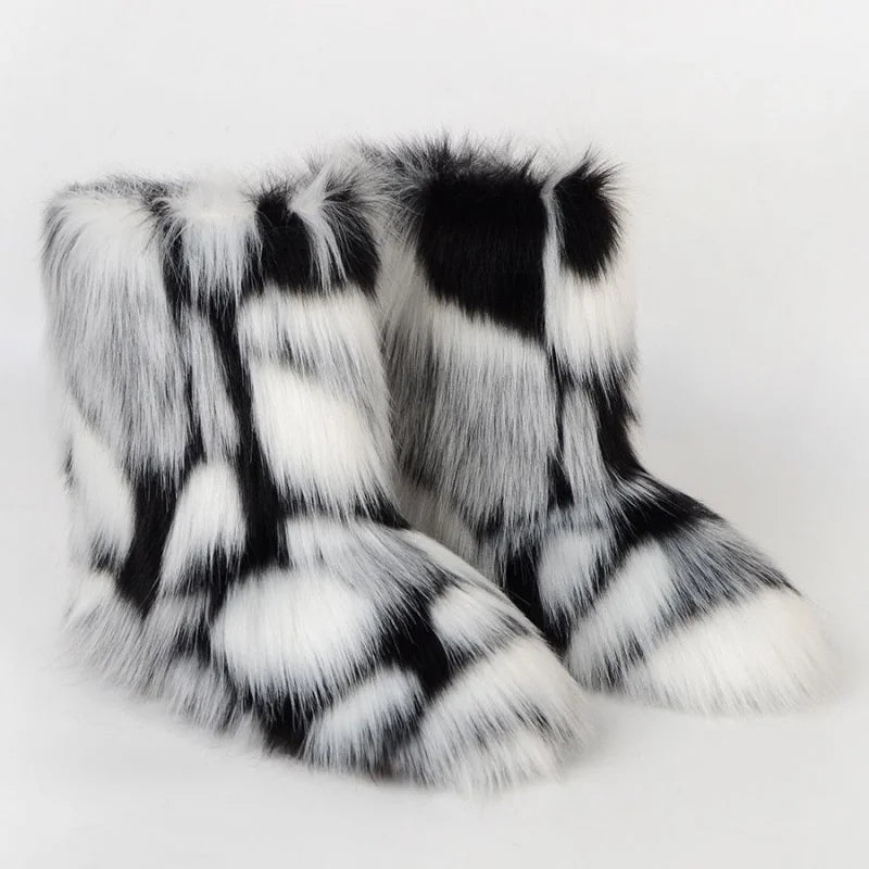 Y2K Fluffy Mid-calf Boots Winter Women Fashion Snow Boots Warm Cotton Shoes.