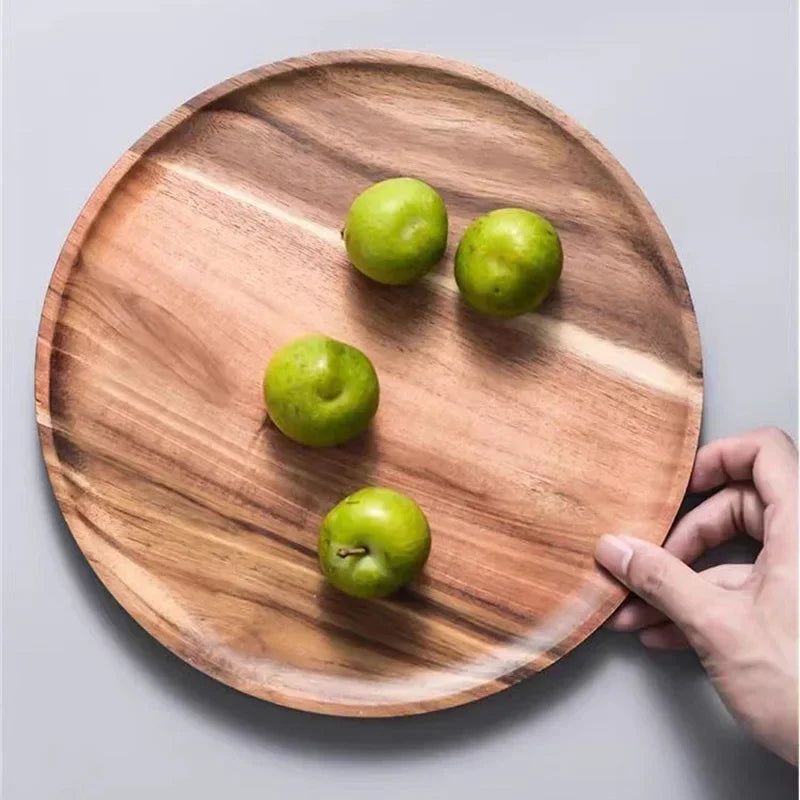 15/20/25cm Wooden Round Serving Platter Tray Retro Wood Pizza Salad Plate Fruit Dessert Tray Bread Cake Container Snacks Dish.