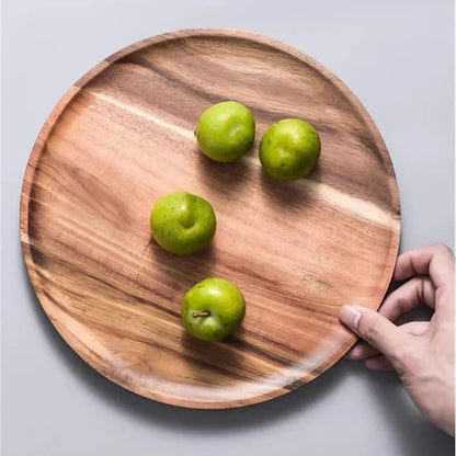 15/20/25cm Wooden Round Serving Platter Tray Retro Wood Pizza Salad Plate Fruit Dessert Tray Bread Cake Container Snacks Dish.