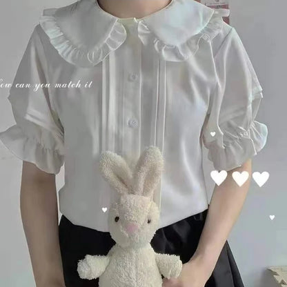 Zoki Japanese Sweet Women Blouses Lolita Style White Kawaii Peter Pan Collar Jk Shirt Cute Preppy Ruffle Puff Short Sleeve Tops.
