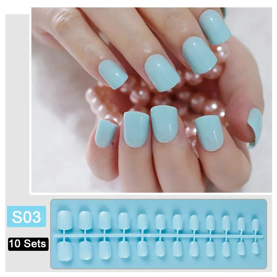 10 Sets/Pack Mixed Solid Colors Coffin Round Square Almond Shape False Nails Full Cover Nail Tips Short Fake Nails Tip Manicure