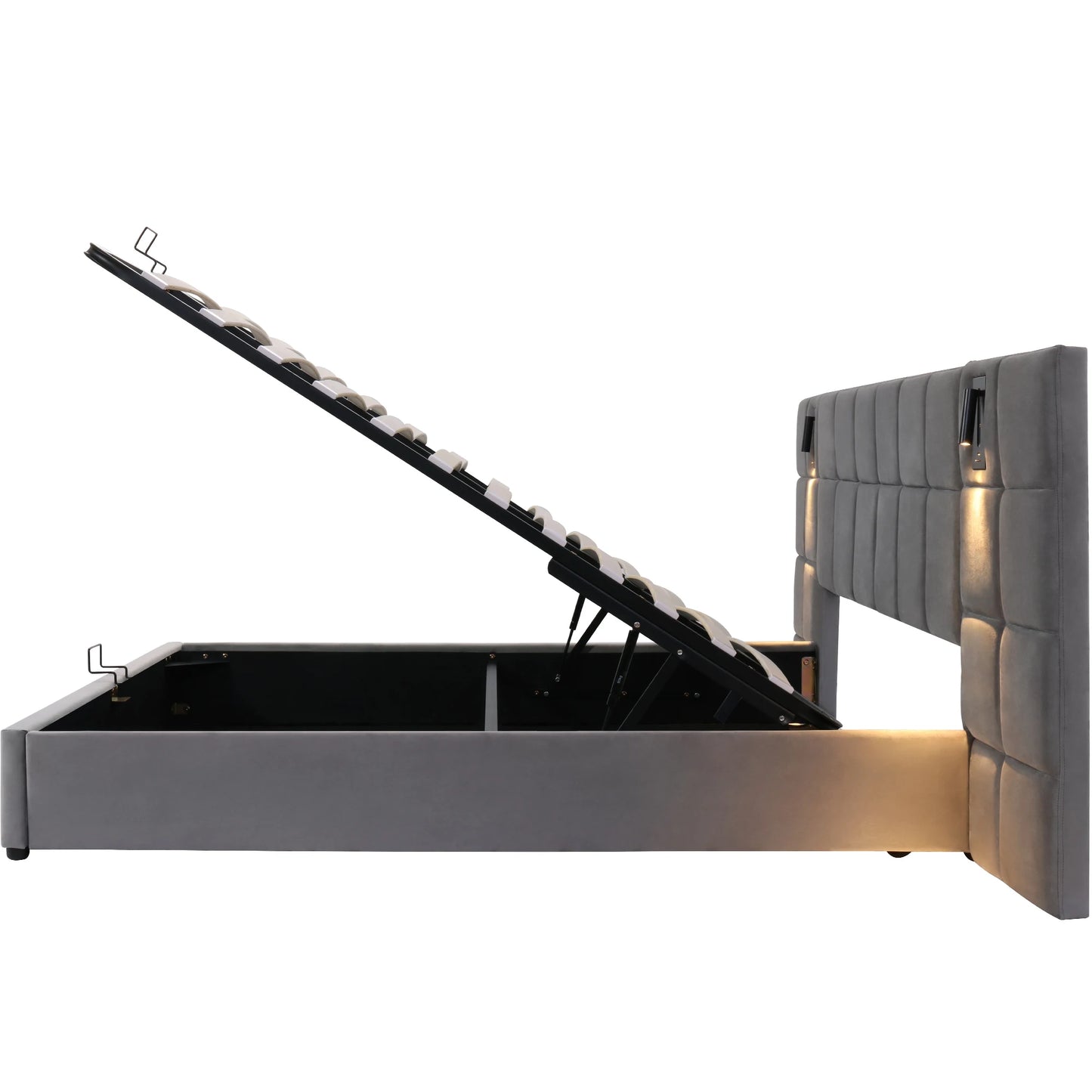 Polsterbett, hydraulisches Bett mit Stauraum, verstellbarem Licht und USB-Aufladung, breites Schaumstoffkopfteil, 180 x 200 cm, Grau