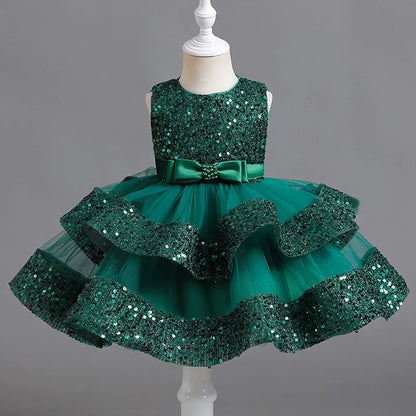 Sommer Neue Perlen Fliege Pailletten Mesh Kinder Ärmelloses Abendkleid Schule Abschlussfeier Multi Layered Kleid