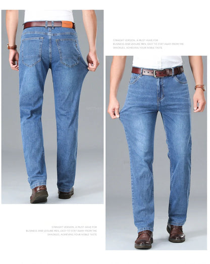 Brand Men's Fashion Summer Thin Jeans Comfortable Stretch Cotton Business Straight Casual Denim Pants Light Gray Blue Pants