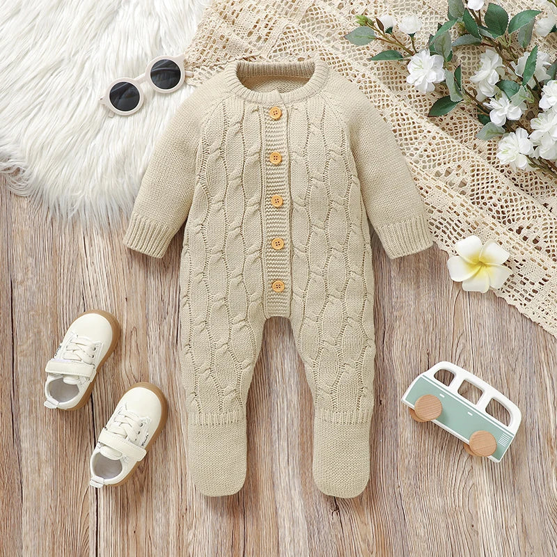Winter Baby Jungen Strampler Kleidung Beige Rundhals Volle Hülse Gestrickte Neugeborenen Pullover Overalls Einteilige Kleinkind Outfits.