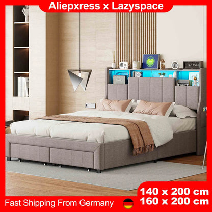 Lazyspace Leinen-Polsterbett, Doppelbettgestell mit Stauraum, Kopfteil und 2 Schubladen, 140/160 x 200 cm, Grau