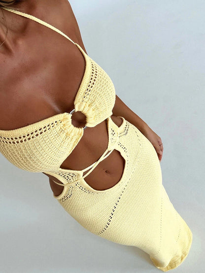 Damen ärmelloses Strick langes Kleid einfarbig Neck holder vorne Ausschnitt hinten Krawatte schlankes Kleid Sommer Strand Freizeit kleid.