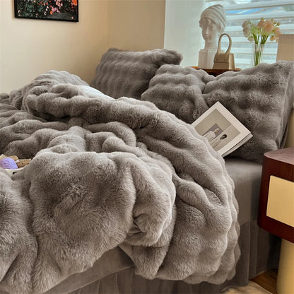 Luxury Faux Rabbit Fur Velvet Fleece Plush Soft Warm Bedding Set Super Comfortable Duvet Cover Set Blanket Bed Sheet Pillowcases