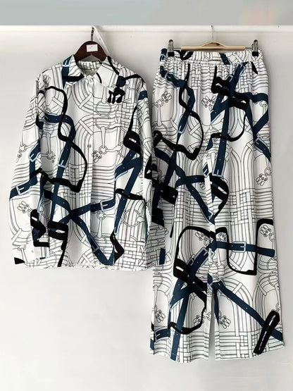 2025 Spring women's retro geometric print lapel loose long-sleeved shirt two-piece + elastic waist wide leg pant suit.