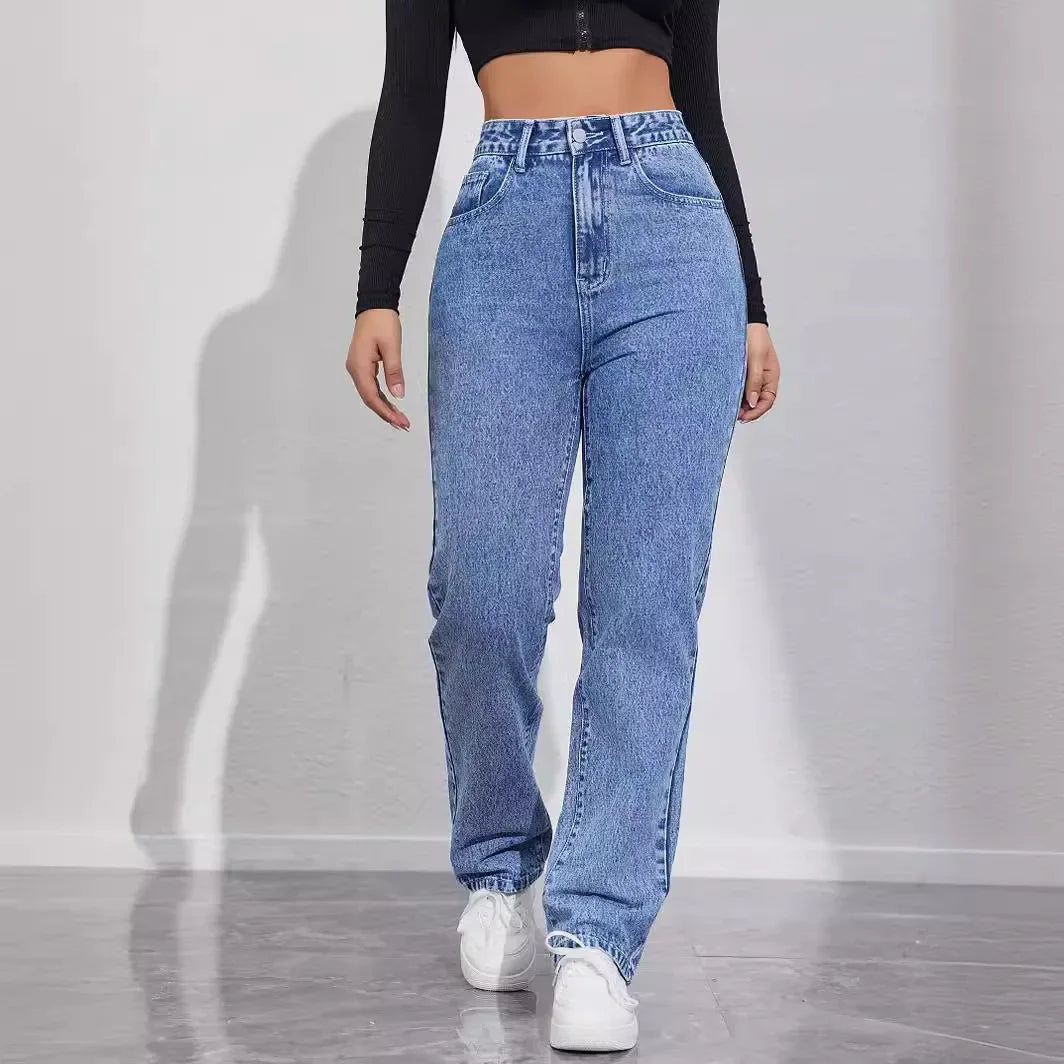 Women's High Waist Loose Comfortable Slimming Fashionable Straight Leg Casual Long Jeans Durable Quality from Mainland China.